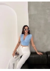 Kadın Vatkalı Kolsuz V Yaka Drapeli Crop Bluz Likralı Fit - Bebek Mavisi