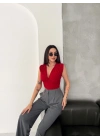 Kadın Vatkalı Kolsuz V Yaka Drapeli Crop Bluz Likralı Fit - Kırmızı
