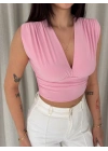 Kadın Vatkalı Kolsuz V Yaka Drapeli Crop Bluz Likralı Fit - Pembe
