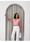 Kadın Vatkalı Kolsuz V Yaka Drapeli Crop Bluz Likralı Fit - Pembe