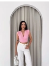 Kadın Vatkalı Kolsuz V Yaka Drapeli Crop Bluz Likralı Fit - Pembe