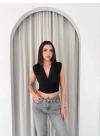 Kadın Vatkalı Kolsuz V Yaka Drapeli Crop Bluz Likralı Fit - Siyah