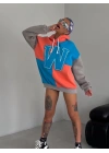 Kadın W Nakış İşlemeli Kapüşonlu 3 iplik pamuklu Parçalı Sweatshirt Hoodie - Mavi