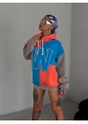 Kadın W Nakış İşlemeli Kapüşonlu 3 iplik pamuklu Parçalı Sweatshirt Hoodie - Mavi
