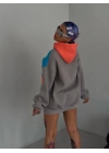 Kadın W Nakış İşlemeli Kapüşonlu 3 iplik pamuklu Parçalı Sweatshirt Hoodie - Mavi