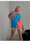 Kadın W Nakış İşlemeli Kapüşonlu 3 iplik pamuklu Parçalı Sweatshirt Hoodie - Mavi
