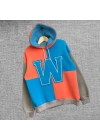 Kadın W Nakış İşlemeli Kapüşonlu 3 iplik pamuklu Parçalı Sweatshirt Hoodie - Mavi
