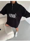 Kadın Yarım Fermuarlı Tişört Baskılı T-Shirt - Siyah