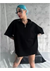Kadın Yarım Fermuarlı Tişört Düz Oversize T-Shirt - Siyah