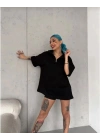 Kadın Yarım Fermuarlı Tişört Düz Oversize T-Shirt - Siyah