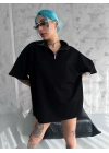 Kadın Yarım Fermuarlı Tişört Kısa kol T-Shirt - Siyah