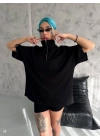Kadın Yarım Fermuarlı Tişört Kısa kol T-Shirt - Siyah