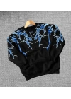 Kadın Yıldırım Baskılı Bisiklet Yaka 3 iplik pamuklu Sweatshirt - Siyah