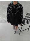 Kadın Yıldırım Baskılı Bisiklet Yaka 3 iplik pamuklu SweatShirt - Siyah