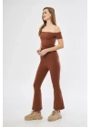 Kadın Yüksel Bel Fitilli İspanyol Paça Tayt - Kahve