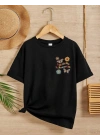 Kız Çocuk Bisiklet Yaka Baskılı T-Shirt - Siyah