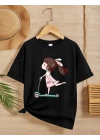 Kız Çocuk Bisiklet Yaka Baskılı T-Shirt - Siyah