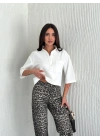 Krep Kadın Crop Yakalı Gömlek İlik Düğmeli Üç Çeyrek Sleeve Kol - Beyaz
