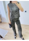 leopar desenli Düğmeli Bluzlu Pantolon İkili Takım -Leopar