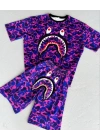 Unisex Çocuk Dijital Baskılı Şortlu Alt-Üst Takım - Mor