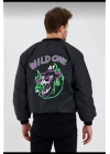 Wild One Baskılı Erkek Bomber Mont – Panter Desenli, Fermuarlı, Kapitone Astarlı Ceket - Siyah
