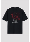 Yılbaşı Tişört Happy New Year Baskılı T-shirt - Siyah
