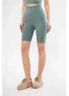 Yüksek Bel Fitilli Biker Baskılı Şort - Mint Yeşili