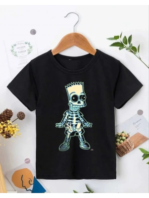 Çoçuk Bisiklet Yaka Kısa Kol Baskılı T-Shirt - Siyah