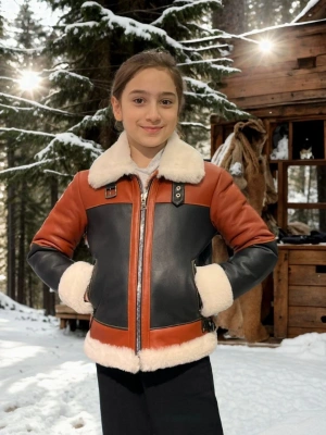 Çocuk Premium Doğal Yakalı Parçalı Kürk - Kiremit