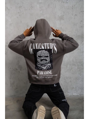 Erkek 3 İplik Pamuklu Baskılı Kapüşonlu Cepli Sweatshirt Hoodie - Gri