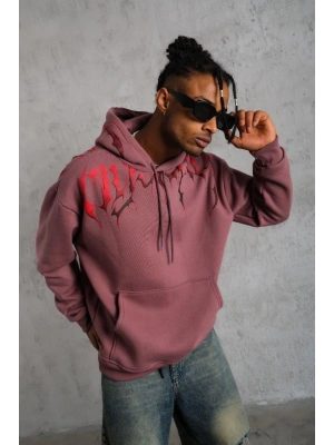 Erkek 3 İplik Pamuklu Baskılı Kapüşonlu Cepli Sweatshirt Hoodie - Gül Kurusu