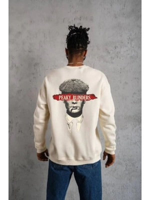 ERKEK 3 İplik Pamuklu Bisiklet Yaka Baskılı Oversize Sweatshirt - Beyaz
