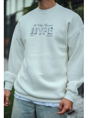 Erkek 3 İplik Pamuklu Bisiklet Yaka Baskılı SweatShirt - Beyaz
