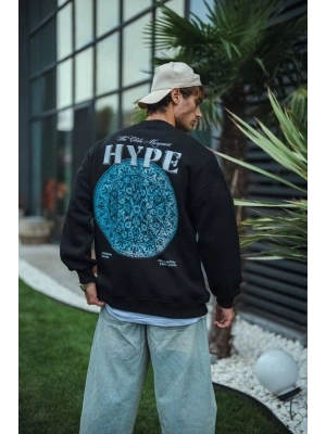 Erkek 3 İplik Pamuklu Bisiklet Yaka Baskılı SweatShirt - Siyah