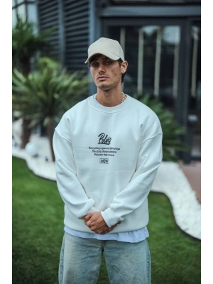 Erkek 3 iplik pamuklu Bisiklet Yaka Ön Ve Arka Baskılı SweatShirt - Beyaz