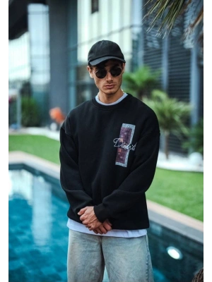 Erkek 3 iplik pamuklu Bisiklet Yaka Ön ve Arka Baskılı SweatShirt - Siyah