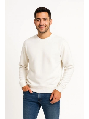 Erkek 3 İplik Pamuklu Düz Bisiklet Yaka SweatShirt - Beyaz