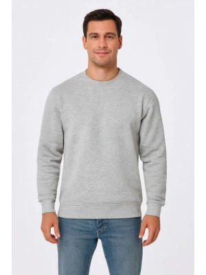Erkek 3 İplik Pamuklu Düz Bisiklet Yaka SweatShirt - Gri