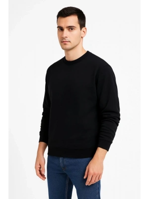 Erkek 3 İplik Pamuklu Düz Bisiklet Yaka SweatShirt - Siyah