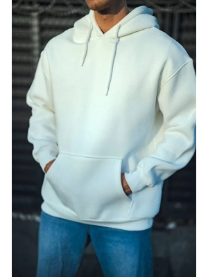 Erkek 3 İplik Pamuklu Kapüşonlu Basic SweatShirt Hoodie - Beyaz