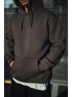 Erkek 3 İplik Pamuklu Kapüşonlu Basic SweatShirt Hoodie - Füme