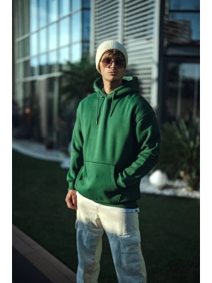 Erkek 3 İplik Pamuklu Kapüşonlu Basic SweatShirt Hoodie - Haki