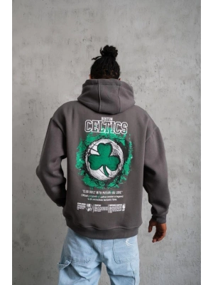 Erkek 3 İplik Pamuklu Kapüşonlu Baskılı Cepli Oversize Sweatshirt Hoodie - Gri