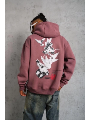 Erkek 3 İplik Pamuklu Kapüşonlu Baskılı Cepli Oversize Sweatshirt Hoodie - Gül Kurusu