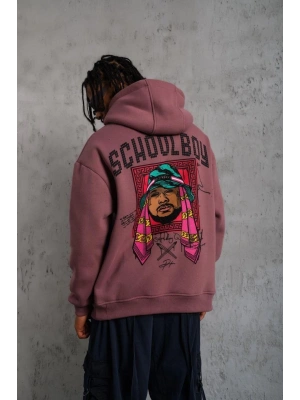 Erkek 3 İplik Pamuklu Kapüşonlu Baskılı Cepli Oversize Sweatshirt Hoodie - Gül Kurusu