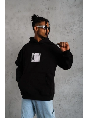 Erkek 3 İplik Pamuklu Kapüşonlu Baskılı Cepli Oversize Sweatshirt Hoodie - Siyah