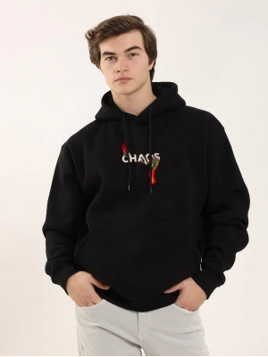 Erkek 3 İplik Pamuklu Kapüşonlu Baskılı Cepli Oversize Sweatshirt Hoodie - Siyah