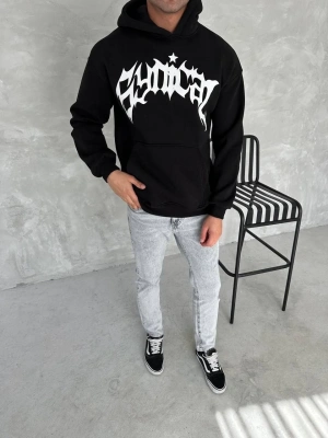 Erkek 3 İplik Pamuklu Kapüşonlu Baskılı Cepli Oversize Sweatshirt Hoodie - Siyah