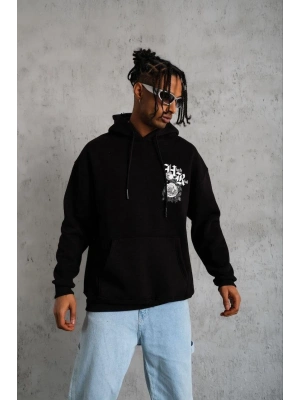 Erkek 3 İplik Pamuklu Kapüşonlu Baskılı Cepli Oversize Sweatshirt Hoodie - Siyah