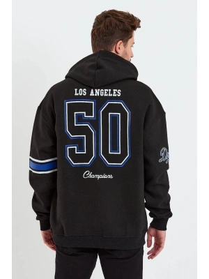 Erkek 3 İplik Pamuklu Kapüşonlu Baskılı Cepli Oversize Sweatshirt Hoodie - Siyah